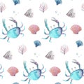 Watercolor seamless pattern with stones beach sea shells and small crab. Hand drawn texture on white background